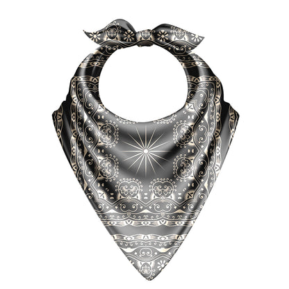 Black and white patterned bandana with decorative elements on a white background