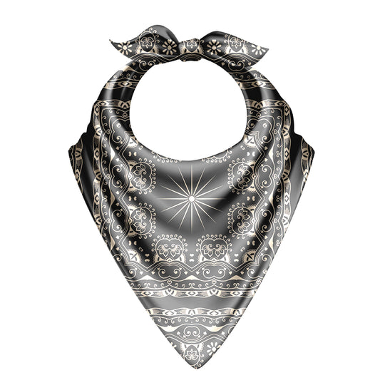 Black and white patterned bandana with decorative elements on a white background