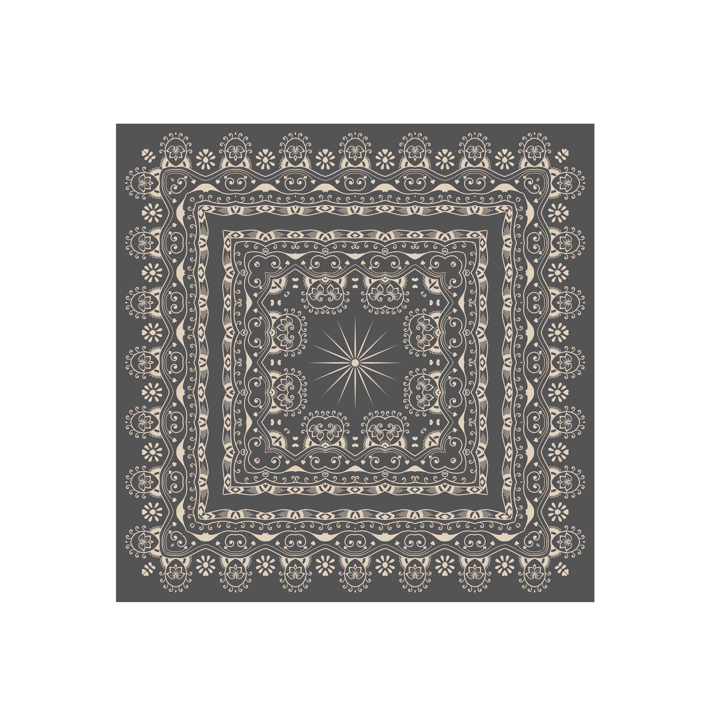 Decorative bandana with intricate patterns on a dark gray background