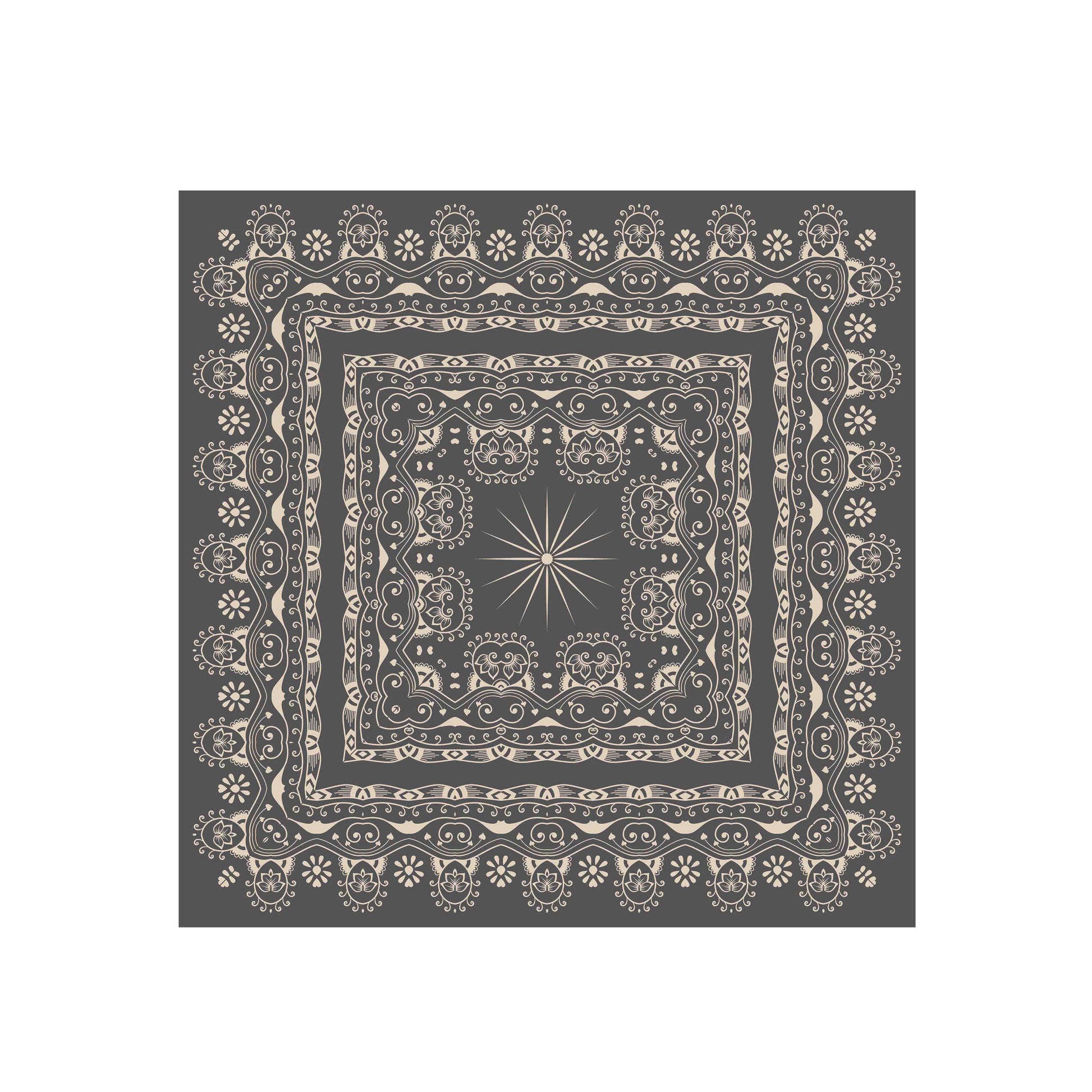 Decorative bandana with intricate patterns on a dark gray background