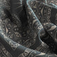 Close-up of dark fabric with intricate white patterns