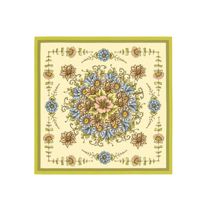 Floral mandala design on a beige background with a green border