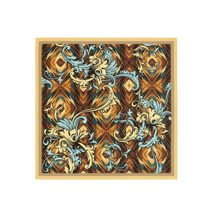 Decorative square mat with intricate pattern and wooden frame on a white background