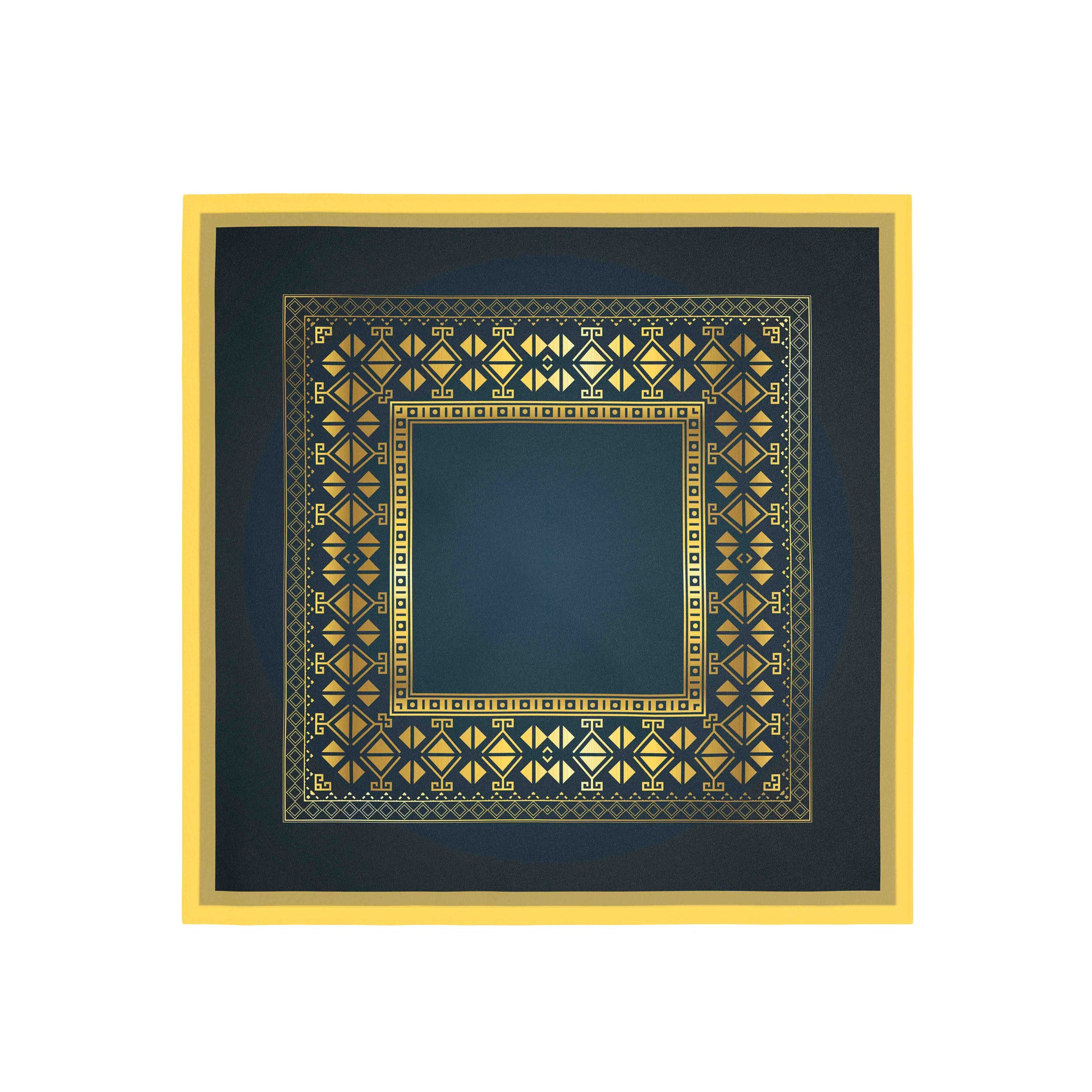 Decorative square frame with gold geometric pattern on a blue background