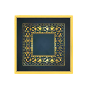 Decorative square frame with gold geometric pattern on a blue background