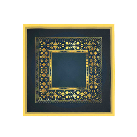 Decorative square frame with gold geometric pattern on a blue background
