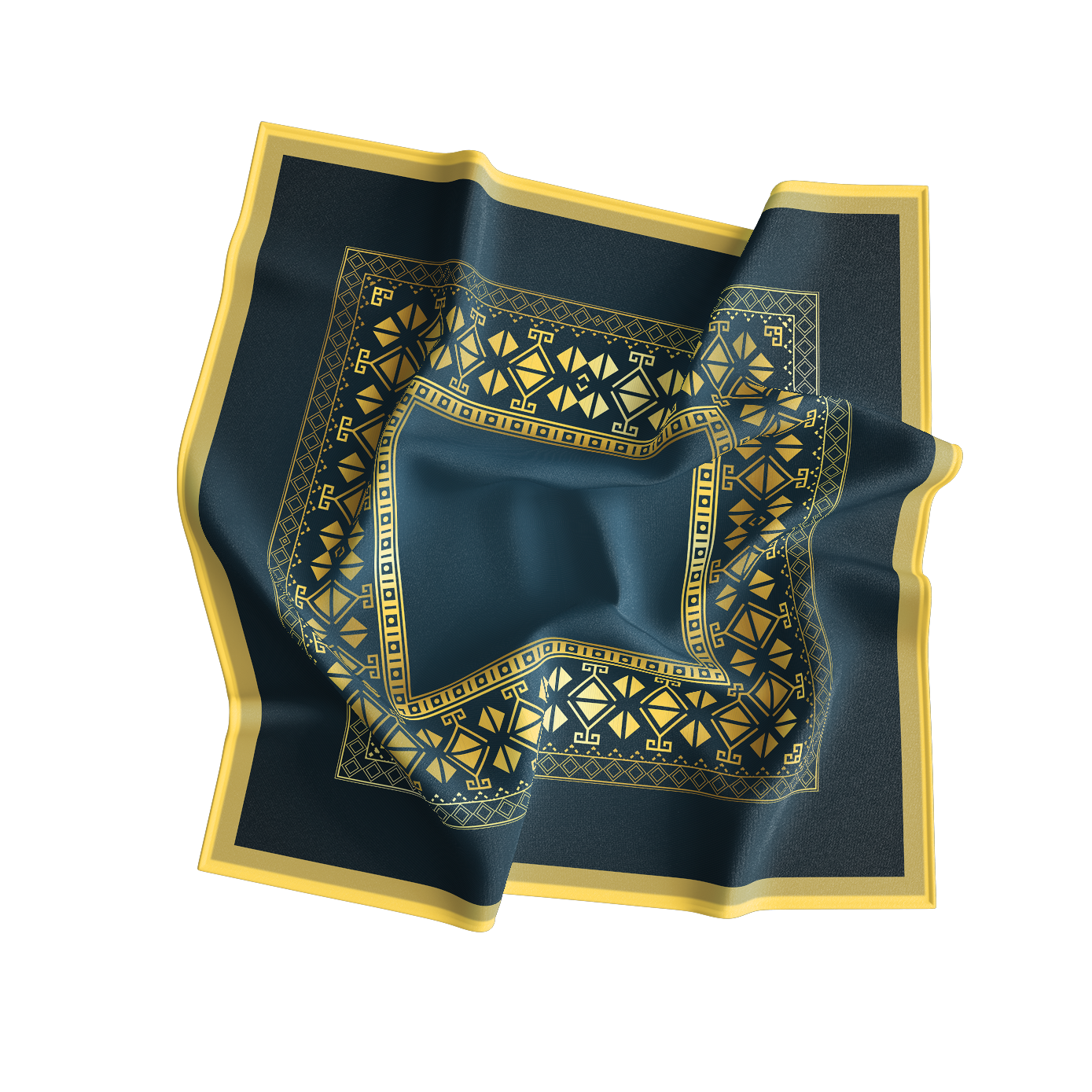 Navy blue scarf with gold geometric pattern on a white background