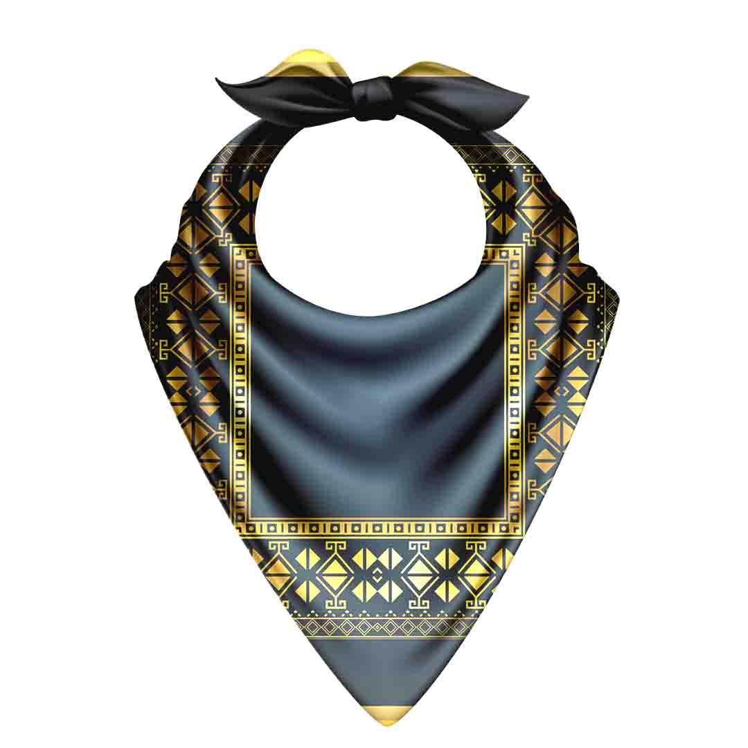 Decorative bandana with geometric pattern and black bow on a white background