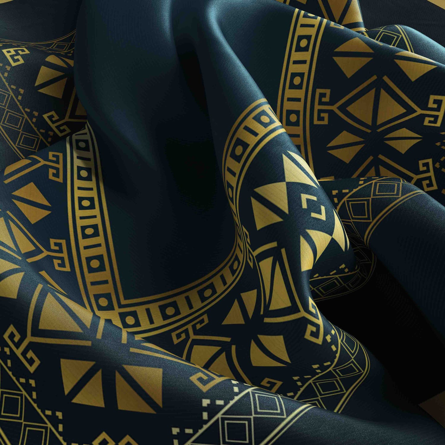 Navy blue fabric with gold geometric patterns