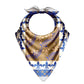 Decorative bandana with blue and gold patterns on a white background