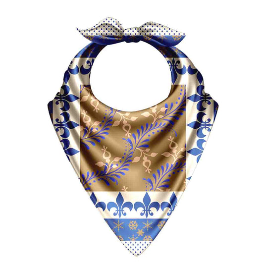 Decorative bandana with blue and gold patterns on a white background