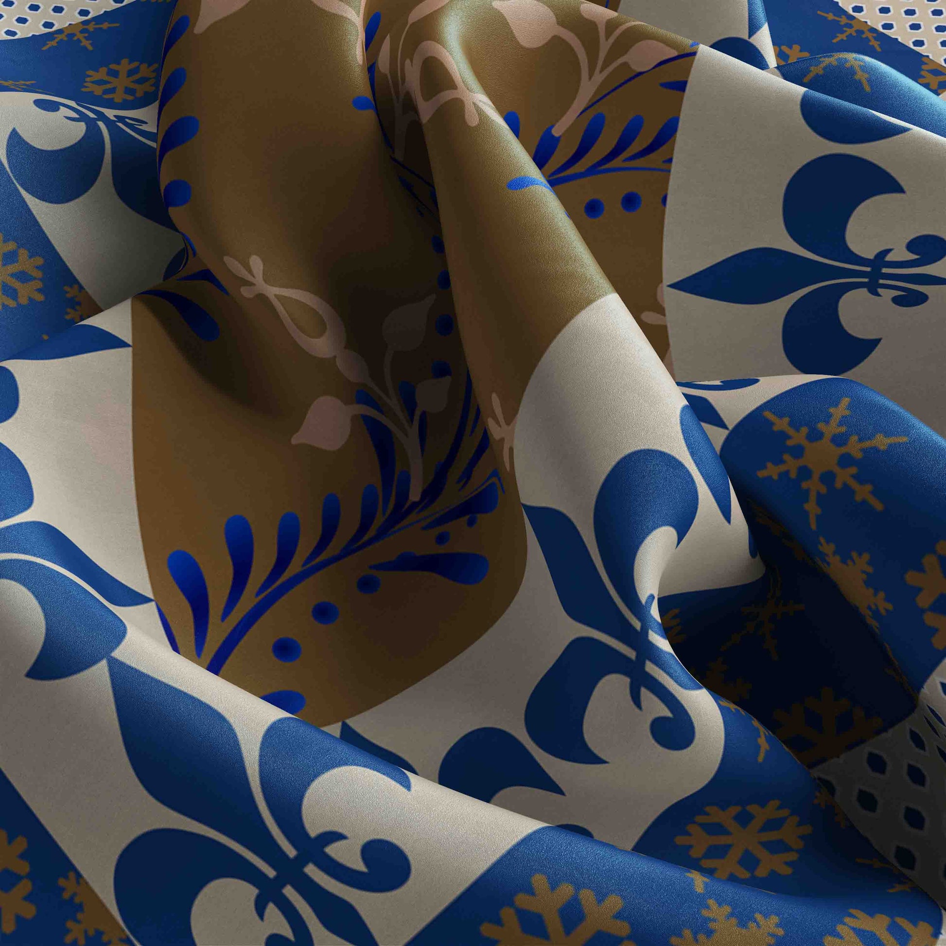 Close-up of fabric with blue, brown, and white pattern
