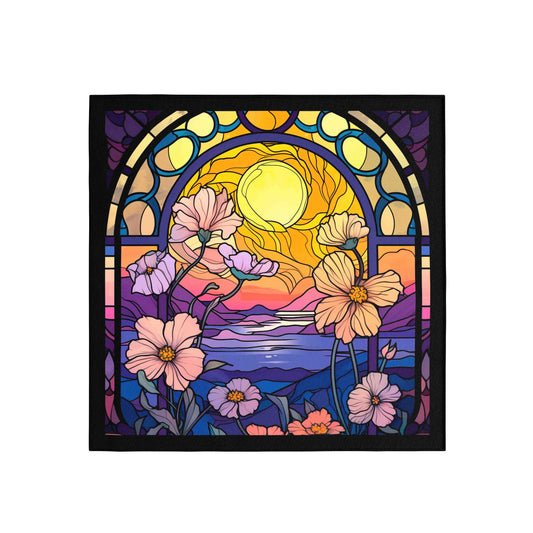 Stylized stained glass artwork with flowers and a sun