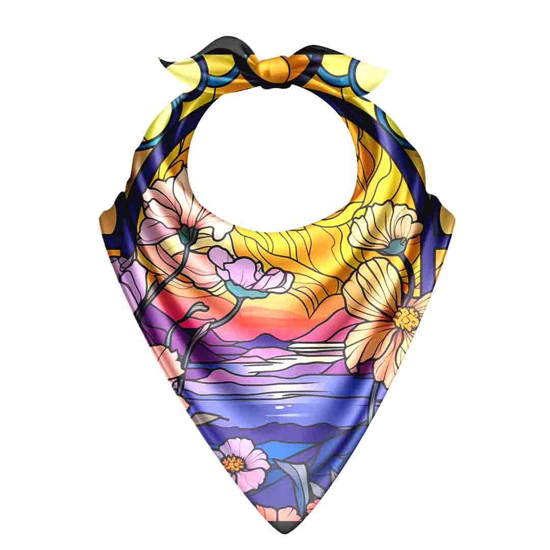 Colorful bandana with floral and abstract design on a white background