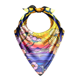 Colorful bandana with floral and abstract design on a white background