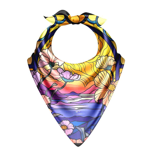 Colorful bandana with floral and abstract design on a white background