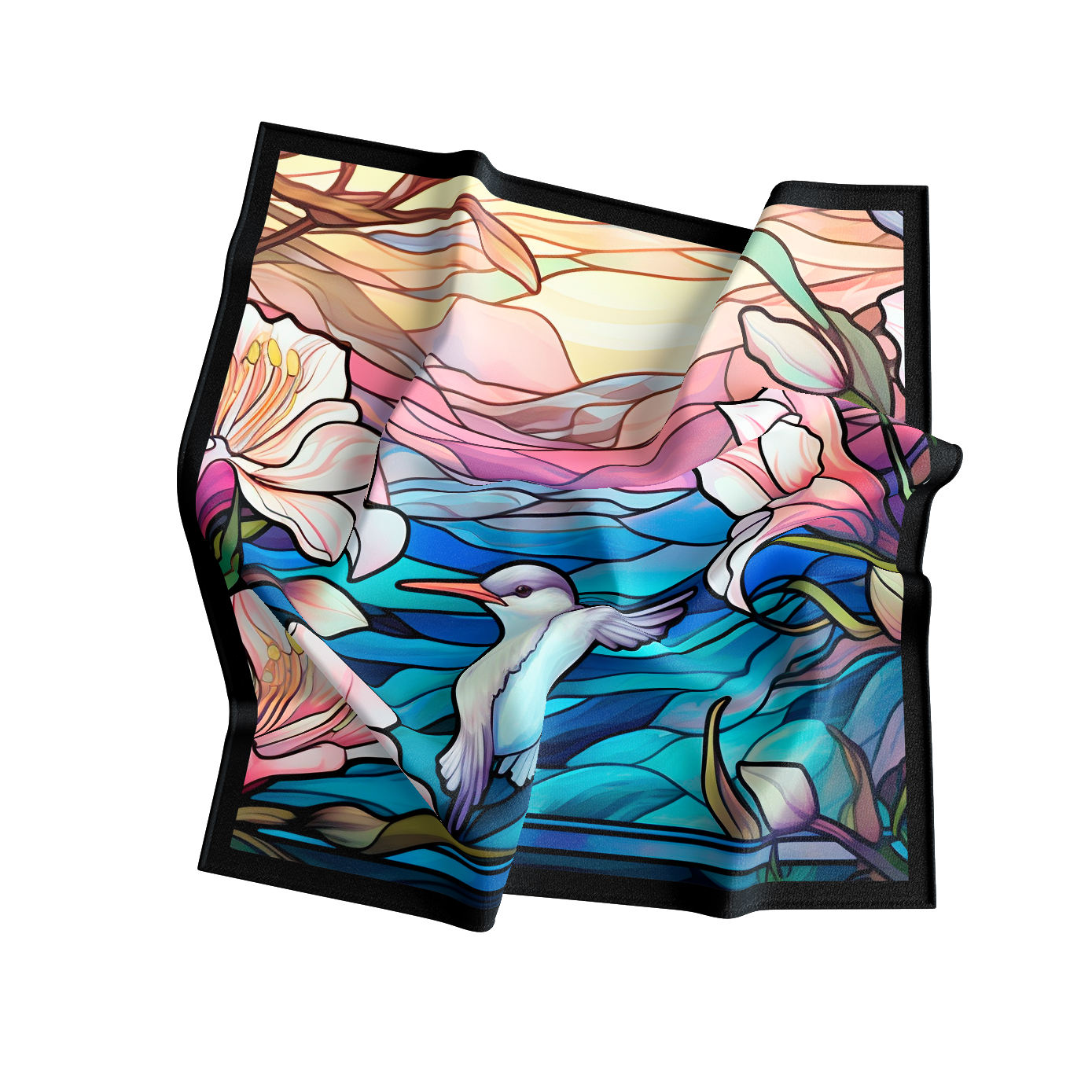 Colorful scarf with floral and bird design on a white background