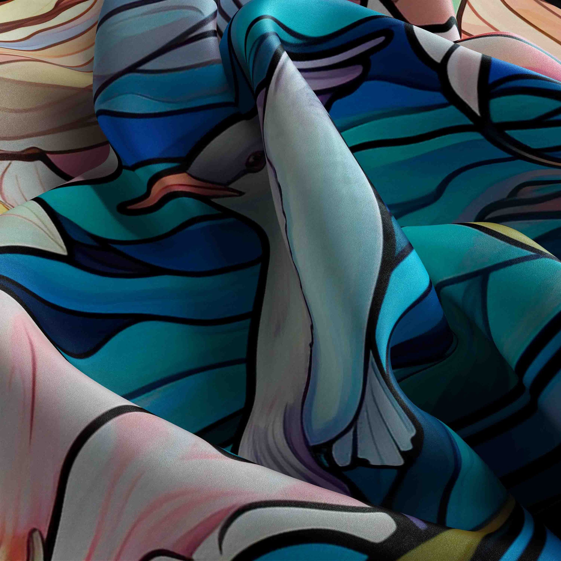 Colorful abstract painting with wavy patterns and a bird-like figure.