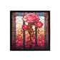 Stained glass design with pink roses and a black frame