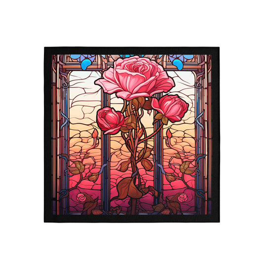 Stained glass design with pink roses and a black frame