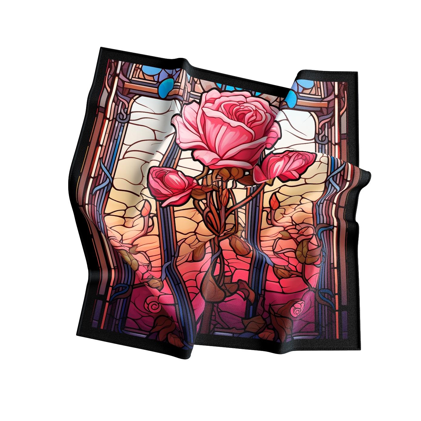 Decorative shorts with a stained glass design featuring pink roses on a white background