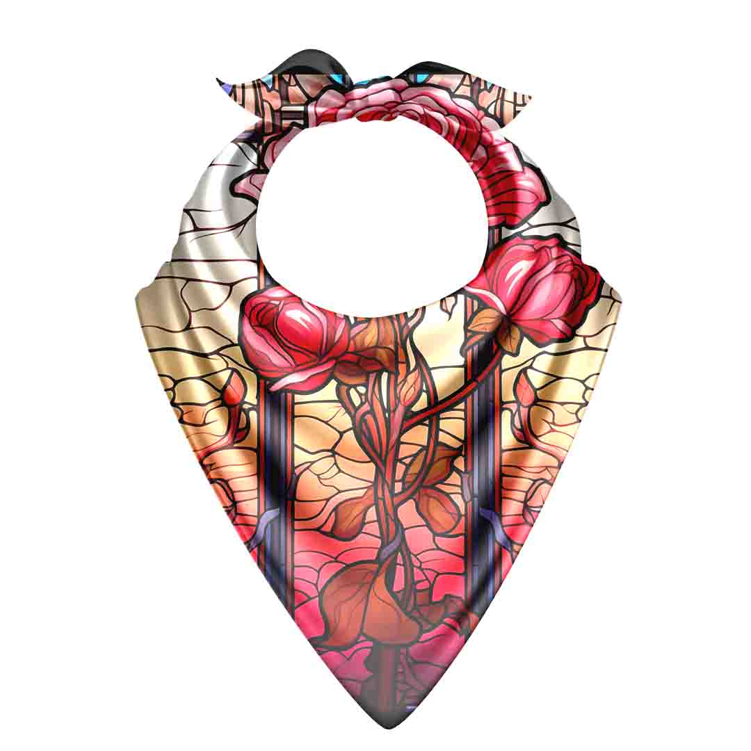 Decorative bandana with floral and abstract design on a white background