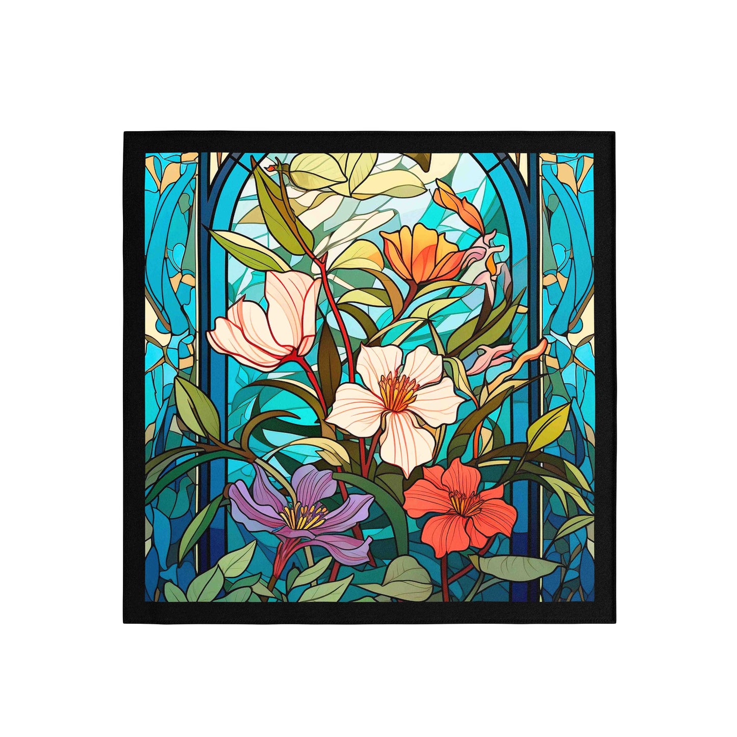 Framed artwork of colorful floral design with a stained glass effect.