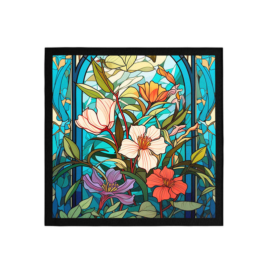 Framed artwork of colorful floral design with a stained glass effect.