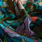 Colorful abstract design with floral elements in a stained glass style.