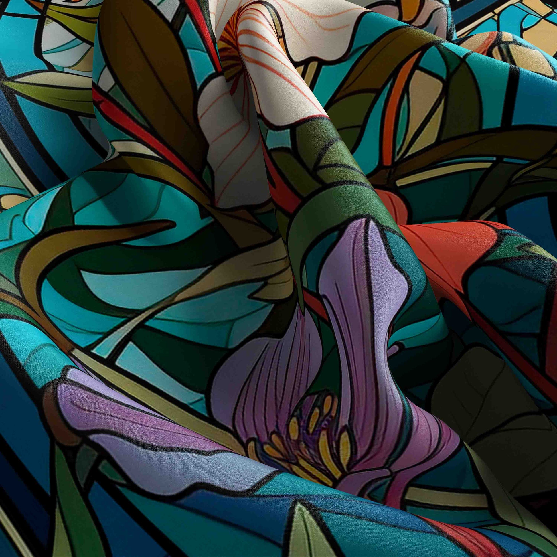 Colorful abstract design with floral elements in a stained glass style.
