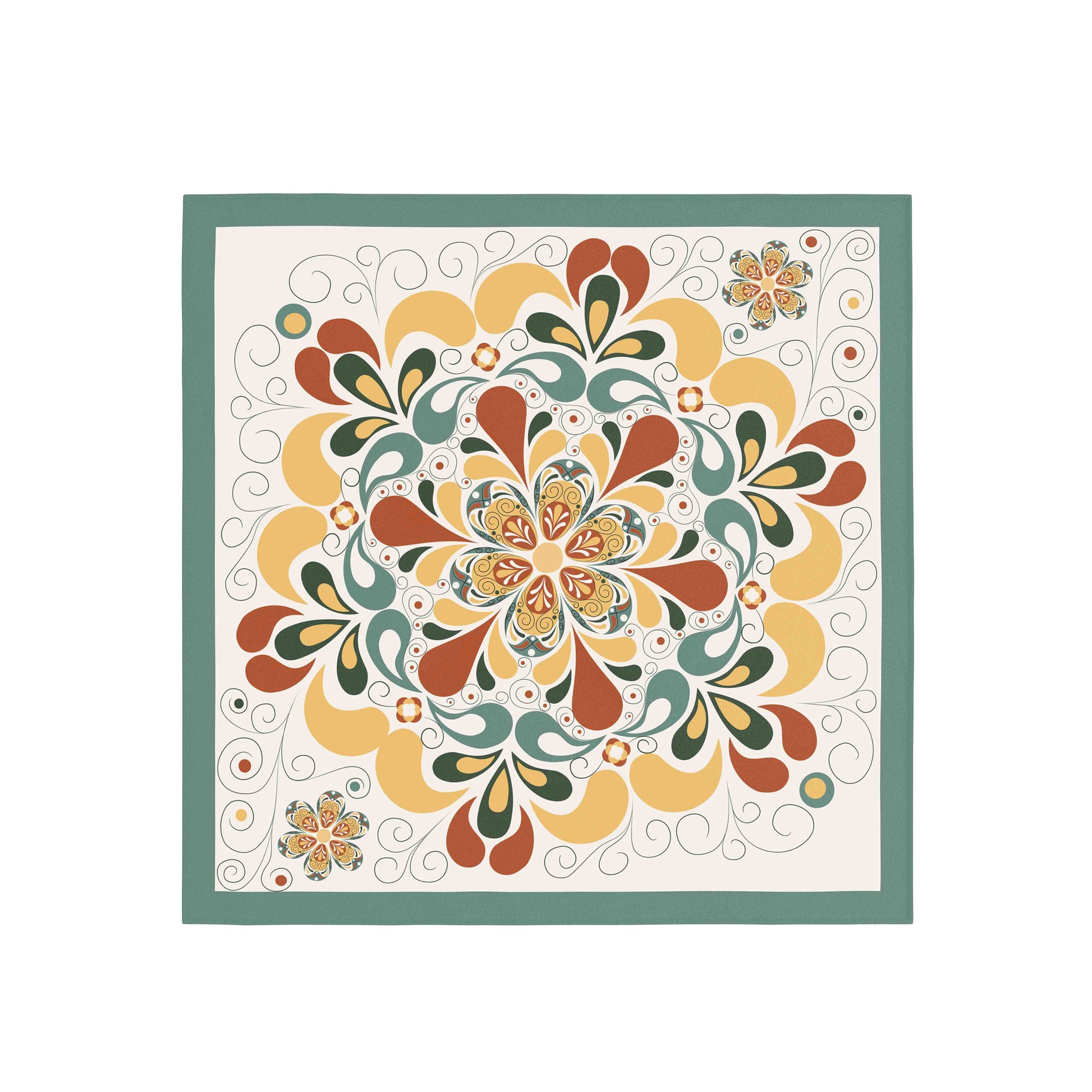 Decorative quilt with a colorful floral pattern on a white background