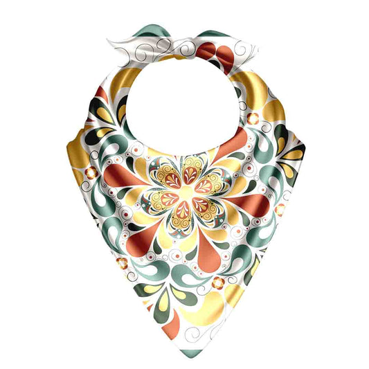 Decorative bib with a colorful floral pattern on a white background