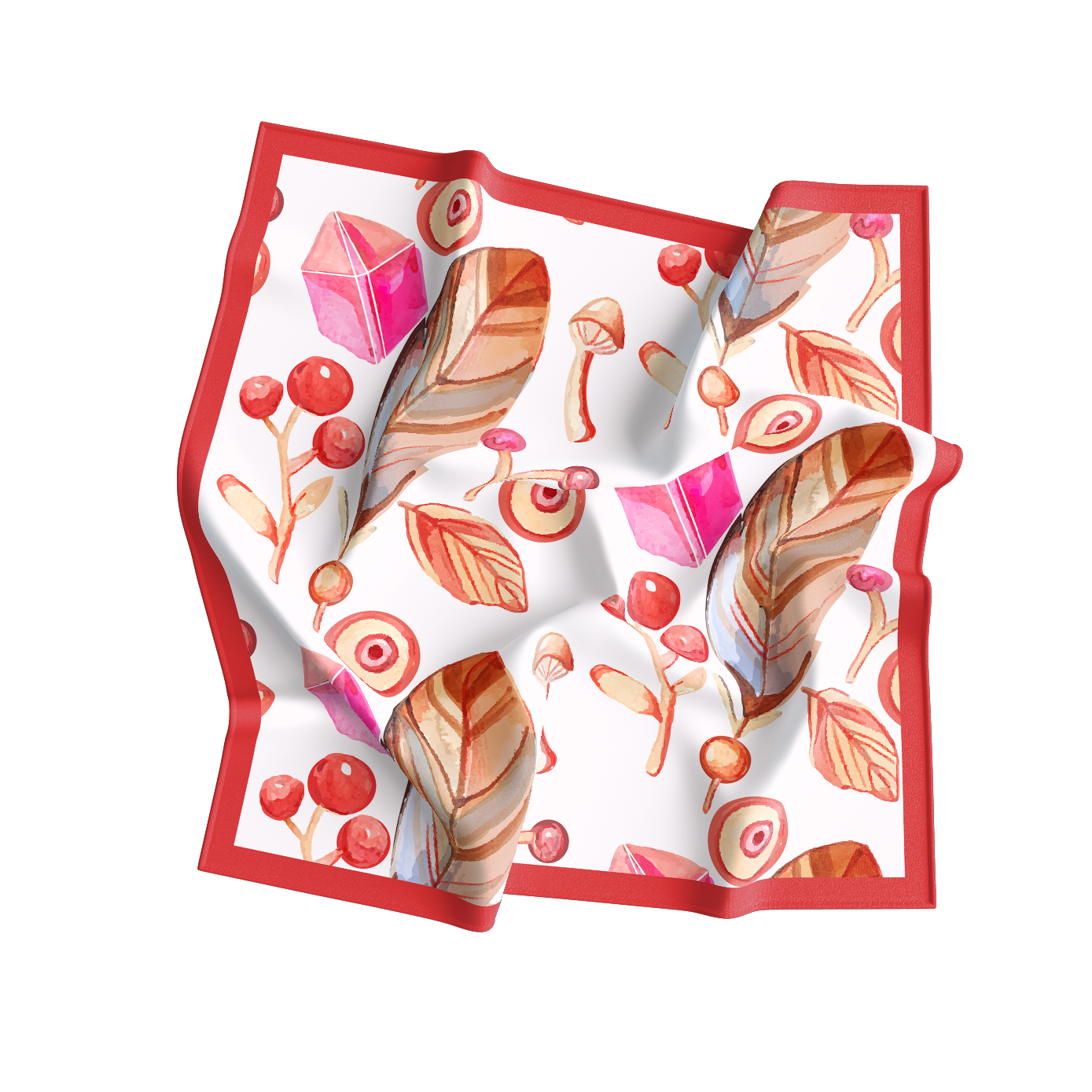 Folded fabric with a colorful pattern on a white background