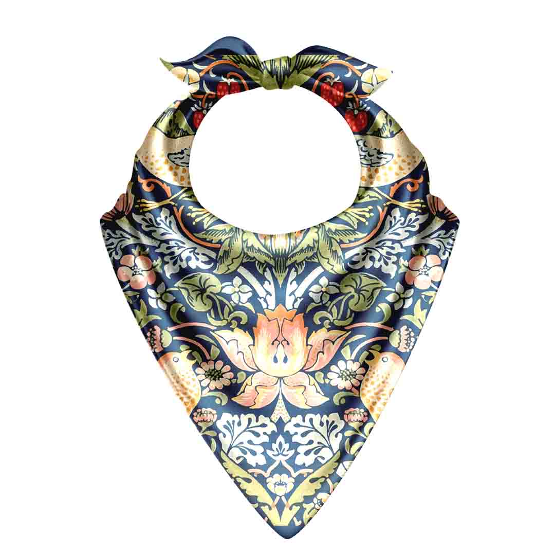 Decorative bandana with floral and geometric pattern on a white background