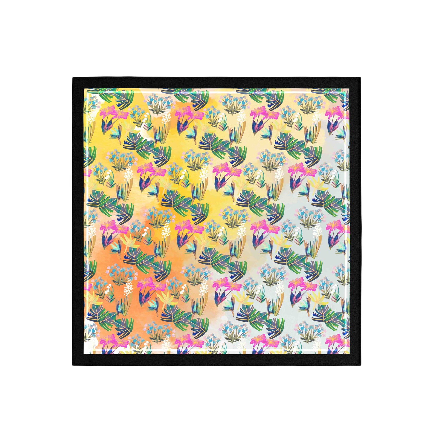 Framed artwork with a colorful pattern of cacti and flowers on a yellow background