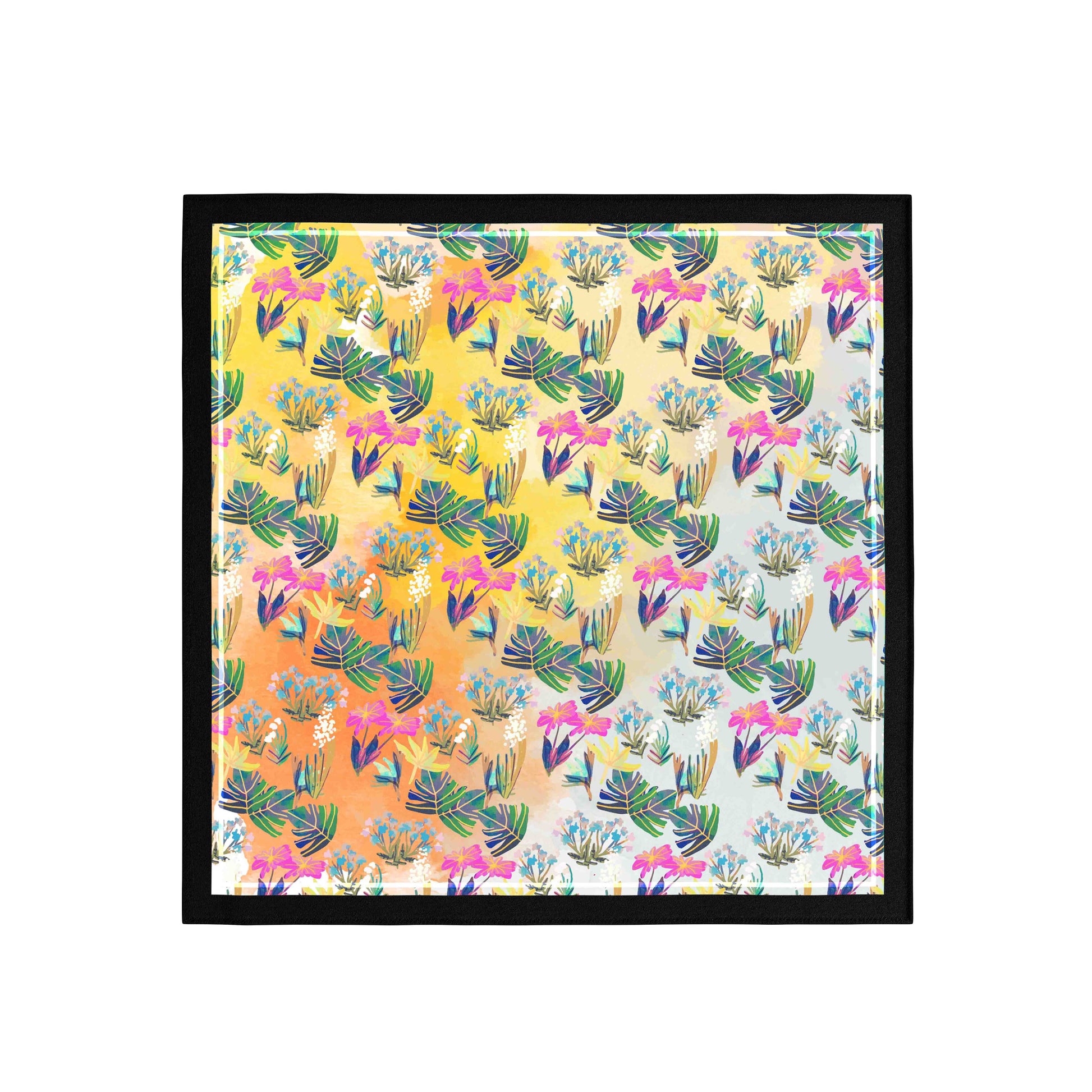 Framed artwork with a colorful pattern of cacti and flowers on a yellow background