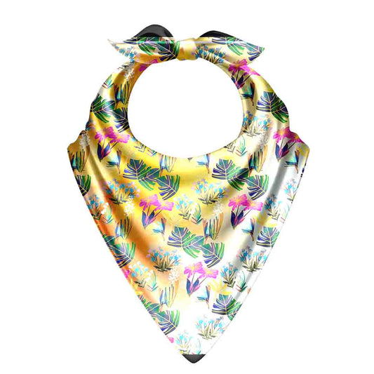 Colorful tropical leaf patterned bandana on a white background