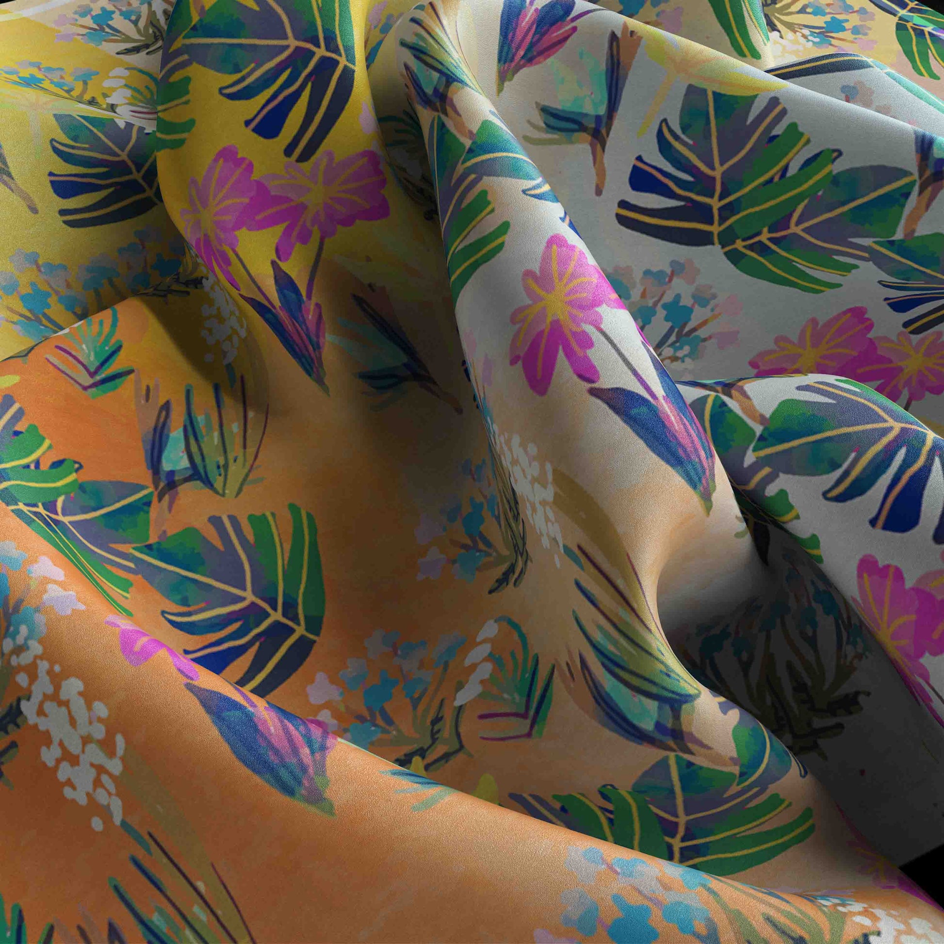 Colorful fabric with tropical leaf and flower pattern