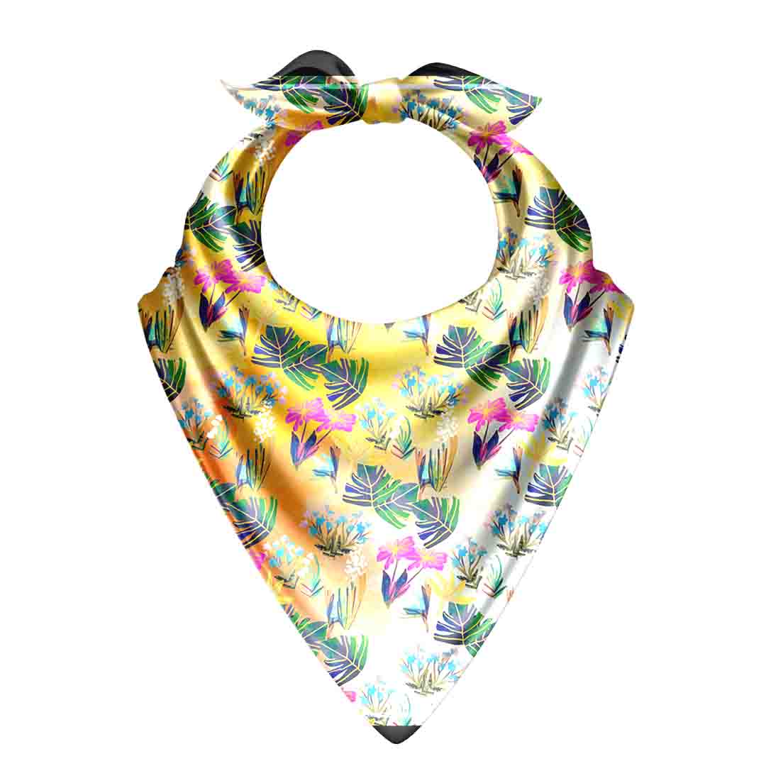 Colorful tropical leaf patterned bandana on a white background