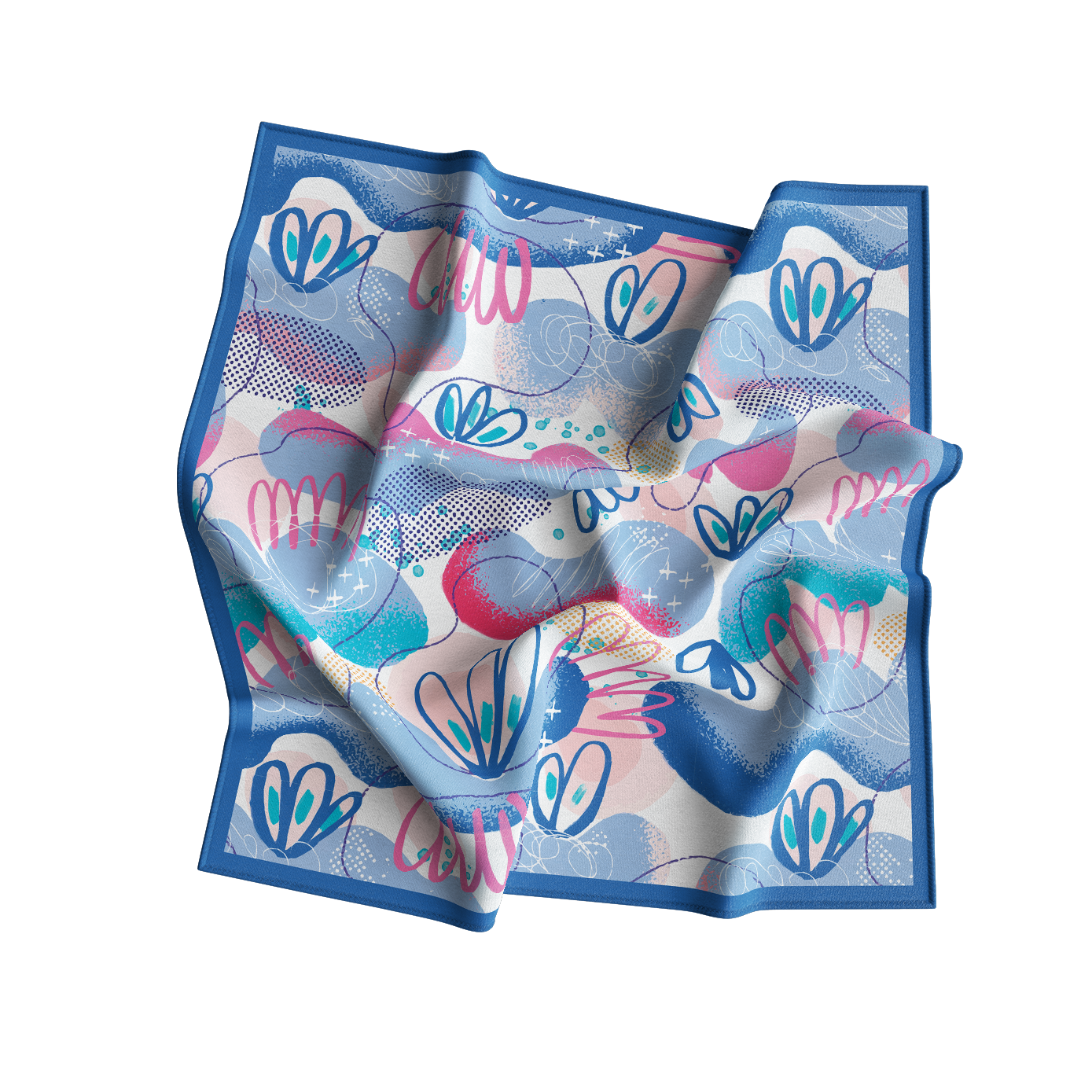 Folded fabric with colorful abstract patterns on a white background