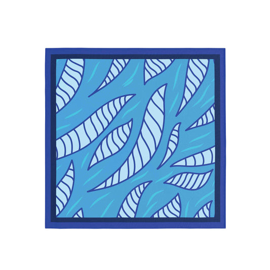 Decorative panel with blue and white leaf pattern on a white background