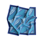 Blue and white patterned fabric square on a white background