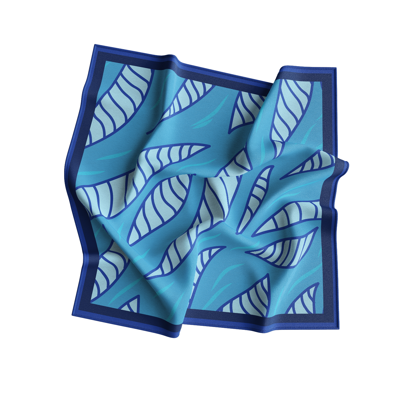 Blue and white patterned fabric square on a white background