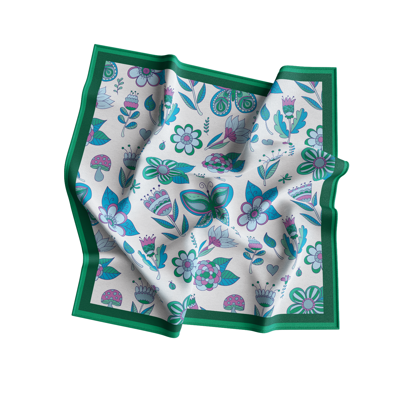 Floral patterned fabric with green border on a white background