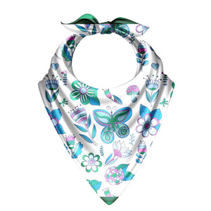 Colorful butterfly and flower patterned bandana on a white background
