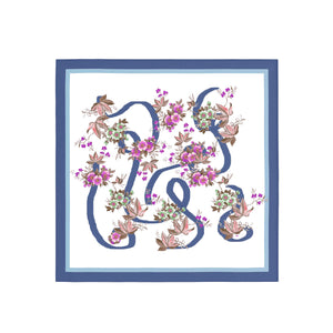 Decorative monogram with floral elements and birds on a white background