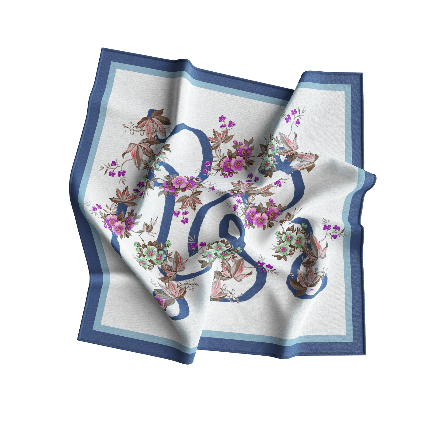 Foulard with floral design and initials on a white background