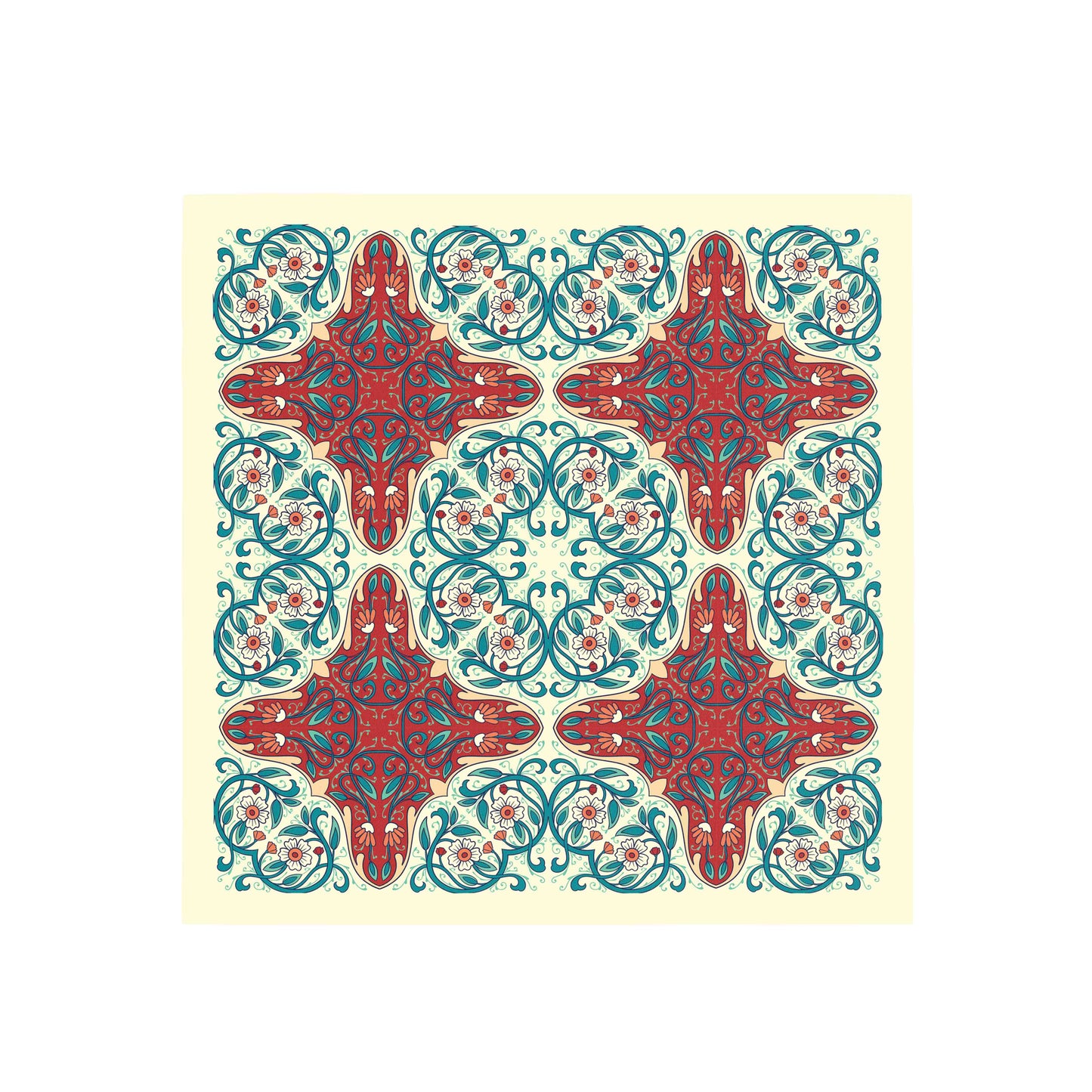 Decorative design with red and blue patterns on a beige background