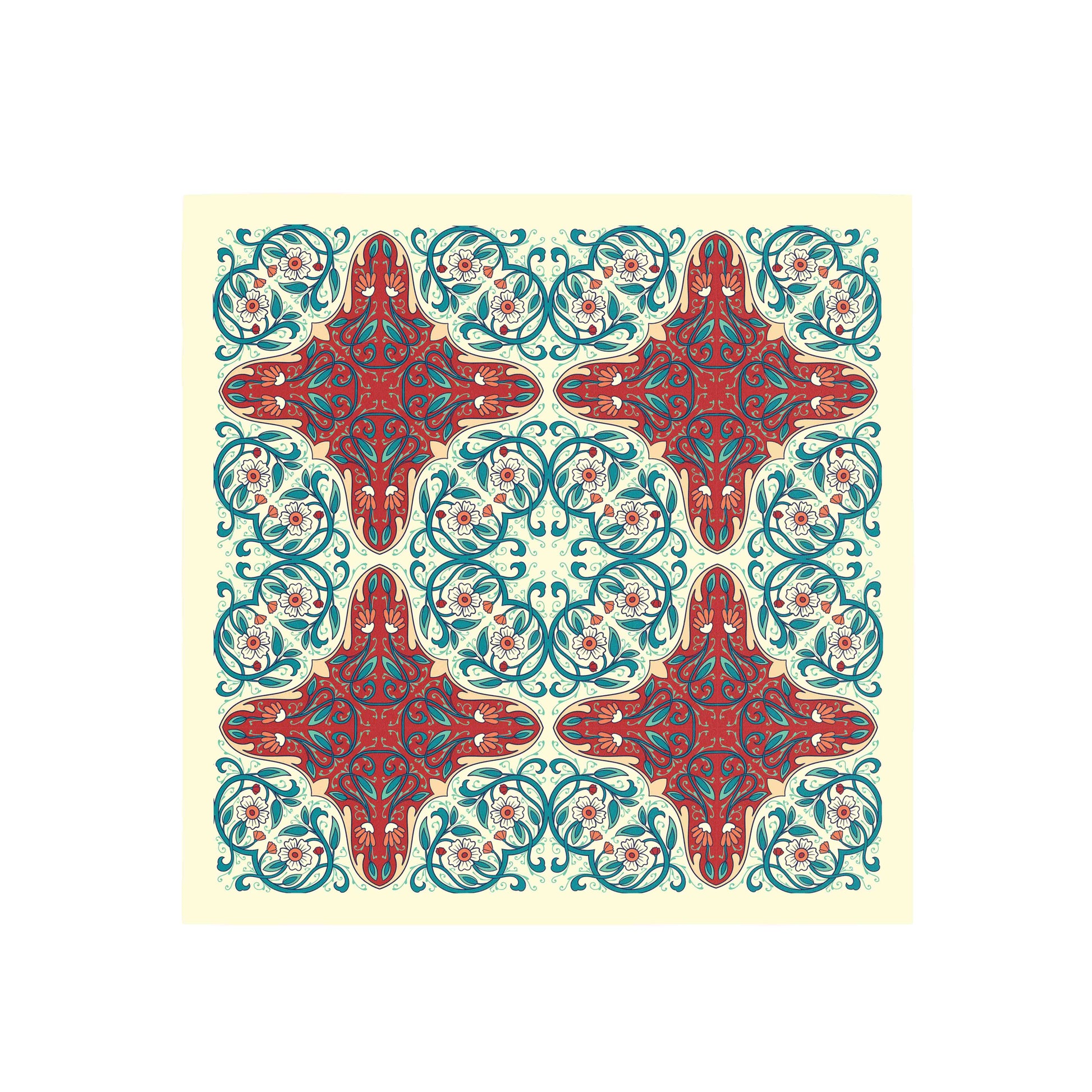 Decorative design with red and blue patterns on a beige background