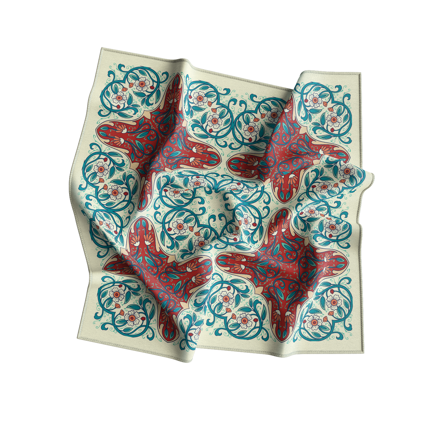 Decorative fabric with red and blue floral pattern on a white background